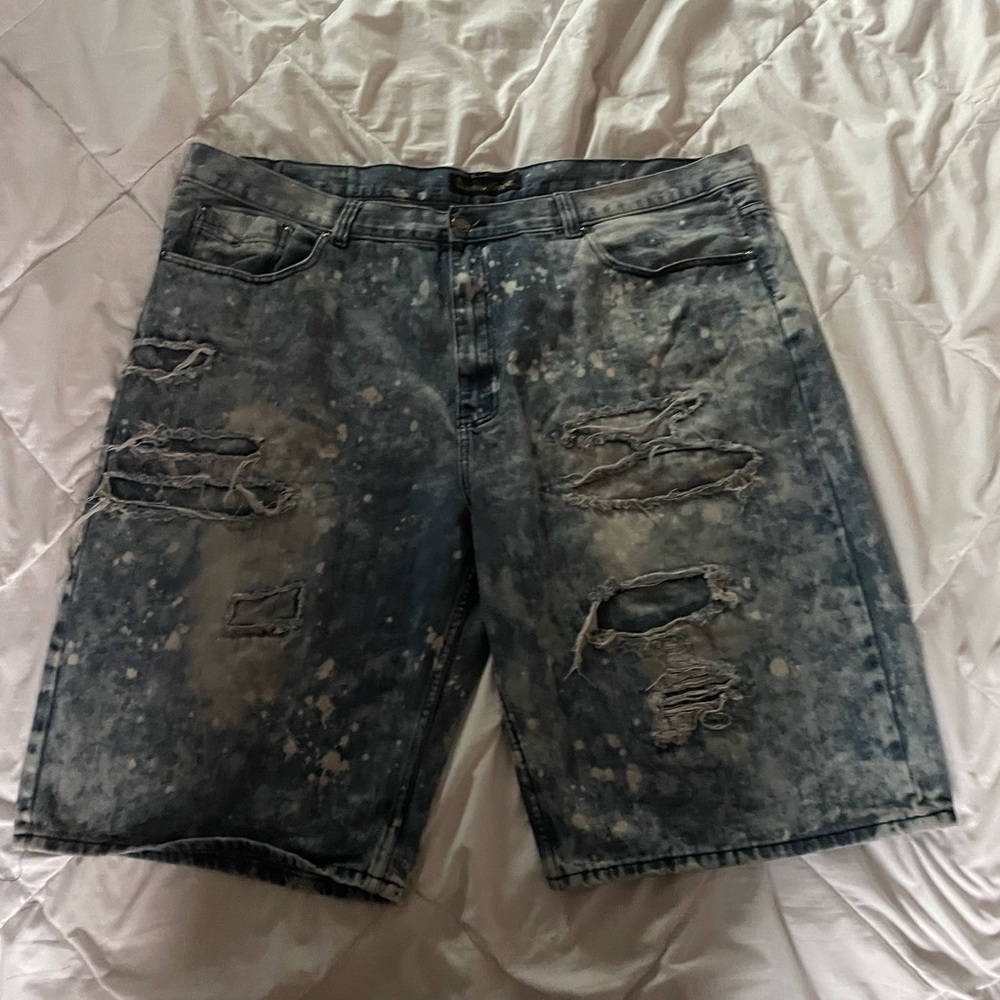 Blue Jean Shorts with Distressed Hem